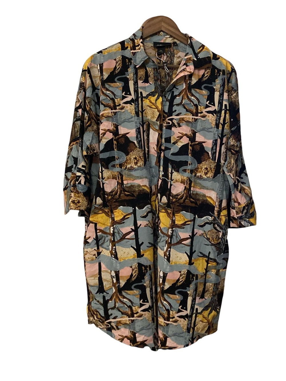 MONKL Shirt Dress Swimsuit Button Down Tunic Coverup Tree, River Mountain Print